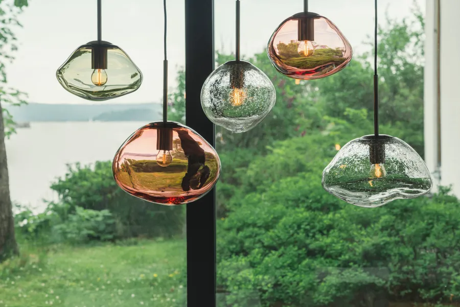HADELAND GLASSVERK Taklamper|Crystal Stone-CRYSTAL STONE PENDELLAMPE MORGENRØD