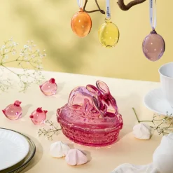 HADELAND GLASSVERK Påskepynt-GLASSKANIN MED LOKK ROSA KLAR 11 CM
